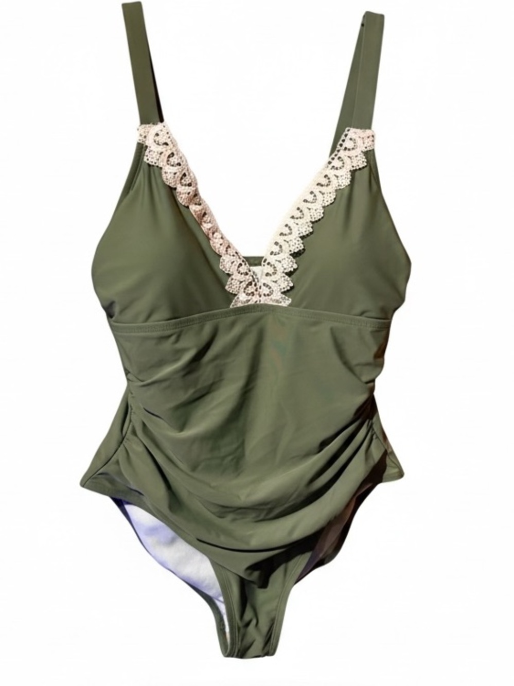 Cupshe Women’s 0X Plus Solid One-Piece Swimsuit Lace Accents V-Neck Ruched